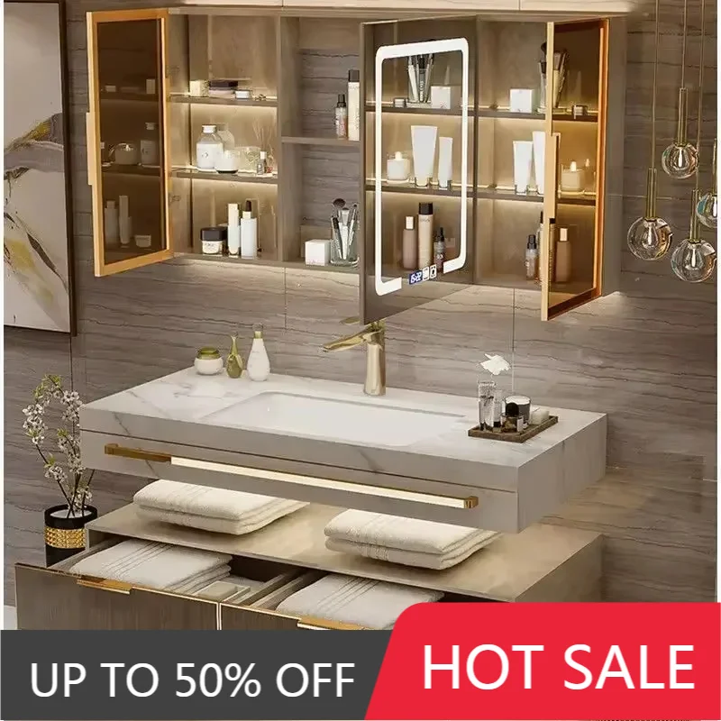 Modern Slate Bathroom Cabinet Stock with Smart Mirror Double Washbasin Vanity Mobile Skincare Storage Bagno Furnitures
