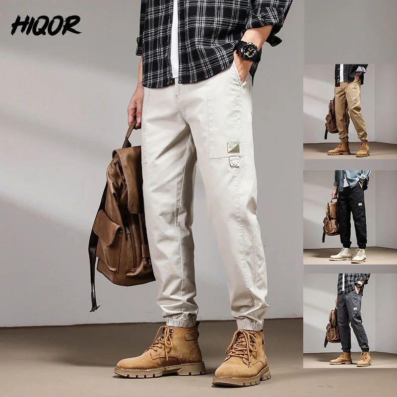 

HIQOR 2023 Spring Summer Cotton Men Cargo Pants Korean Style Black White Male Casual Loose Vintage Twill Harem Trousers 4 Colors