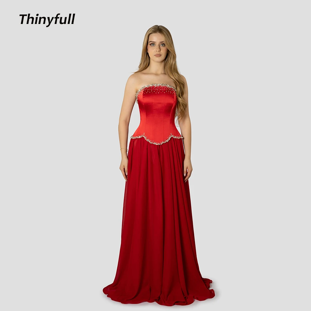 

Thinyfull A-line Chiffon/Satin Prom Dress Strapless Sleeveless Crystal Evening Dresses Arabic Gown Robe De Soirée Customized