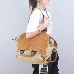 Canvas with Cowhide Leather Women Handbag Shoulder Bag Female large capacity portable Tote Bag commuter texture Crossbody Bags