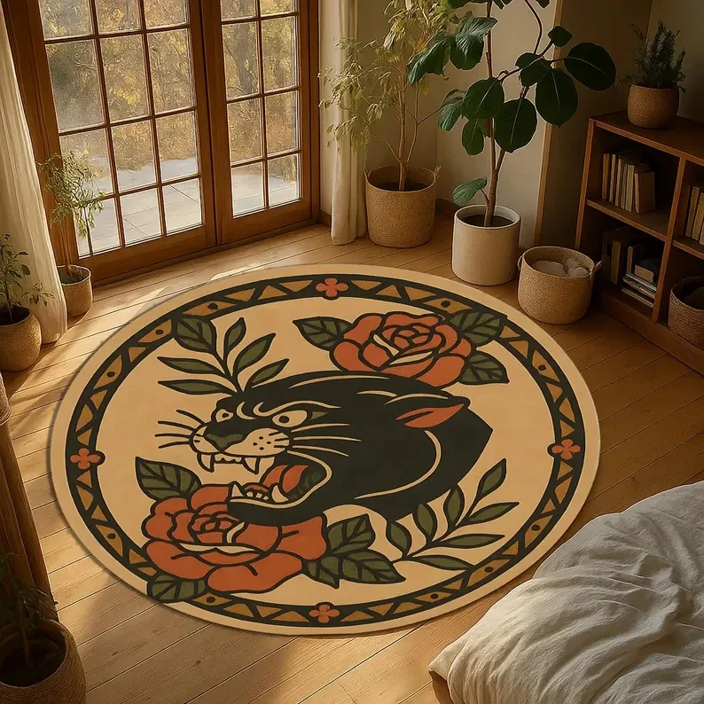 1pc Retro Style Leopard Tattoo Pattern Round Rug, Non-slip Floor Mat for Living Room, Bedroom, Bathroom, Holiday Home Decoration