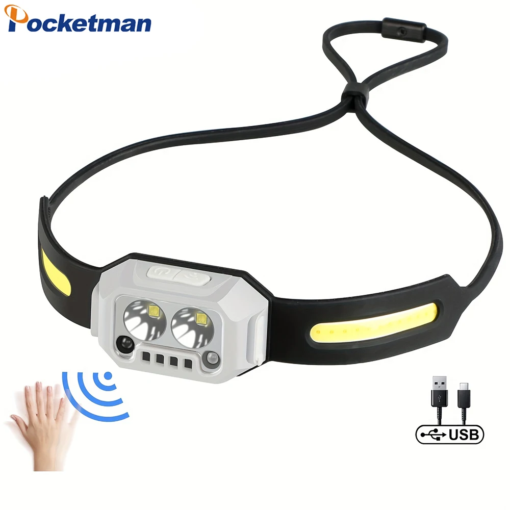 Type-C USB Rechargeable LED Headlamp with Red Green Warning Lights Motion Sensor 4 Lighting Modes Headlight Waterproof Head Lamp