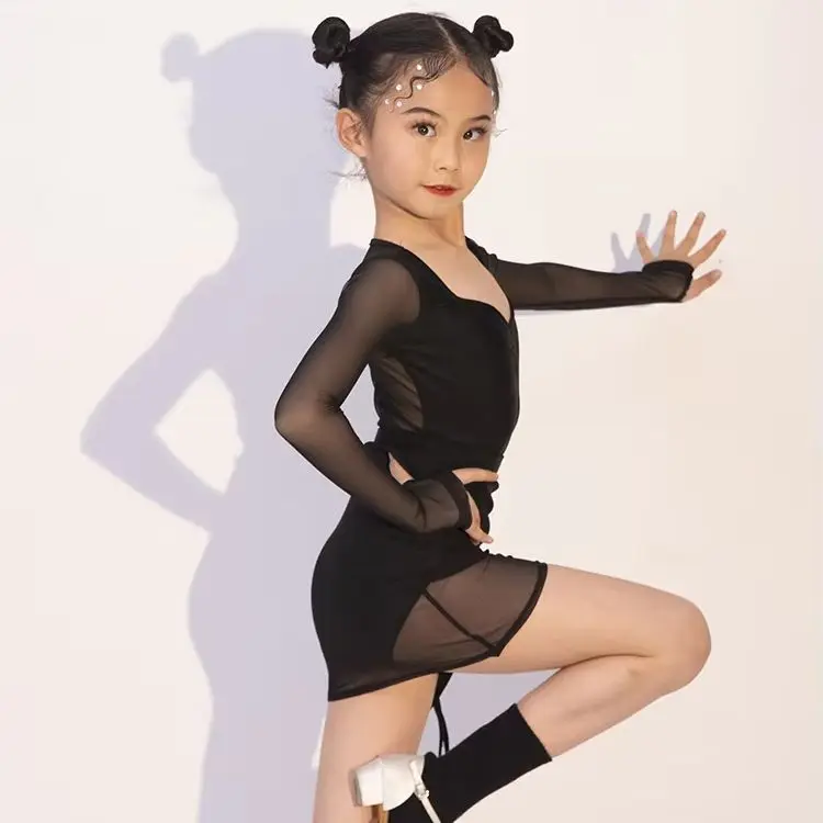 Children winter Latin dance costume for girls mesh high-end children's Latin practice dance performance costume latin dress