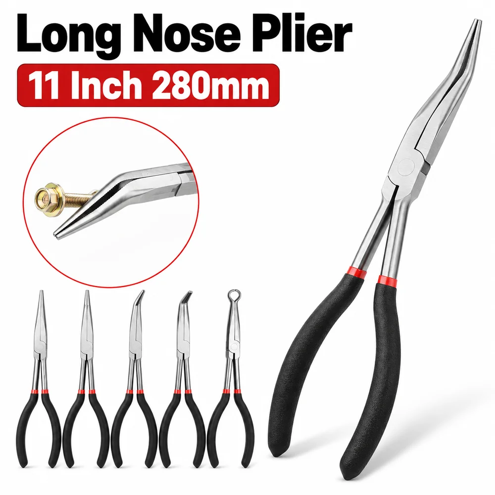 1Pcs 11 Inch Long Nose Pliers 280mm Long Handle Bent Handle Circle Nose Pliers Carbon Steel 0 25 45 90 Degree Tips