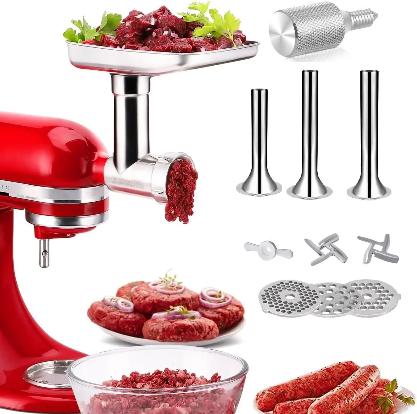 Steel Food Grinder Accessories for KitchenAid Mixers, Dishwasher Safe, Included 3 Sausage Stuffer Tubes and 1 Metal At