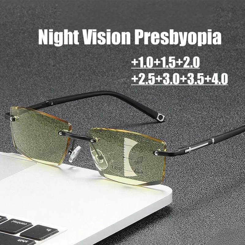 

Men Women Vintage Night Vision Presbyopia Fashion HD Progressive Reading Glasses Frameless Cut Far Sight Eyewear +1.0+1.5+4.0
