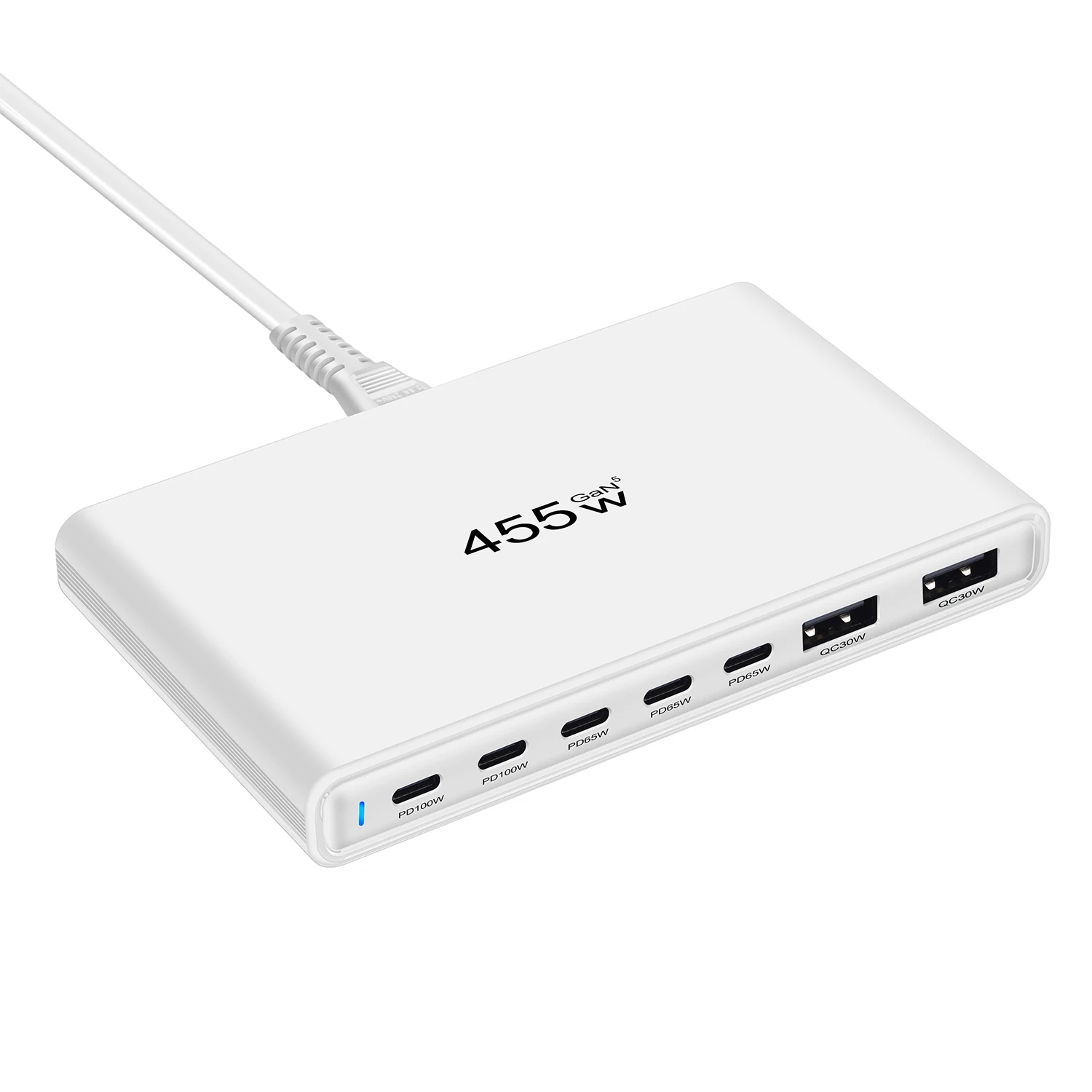 

New Ultra-Slim 455W GaN Desktop Charger 5C2A Multi-Port Charging with Fast Charging for Phones, Tablets, and More