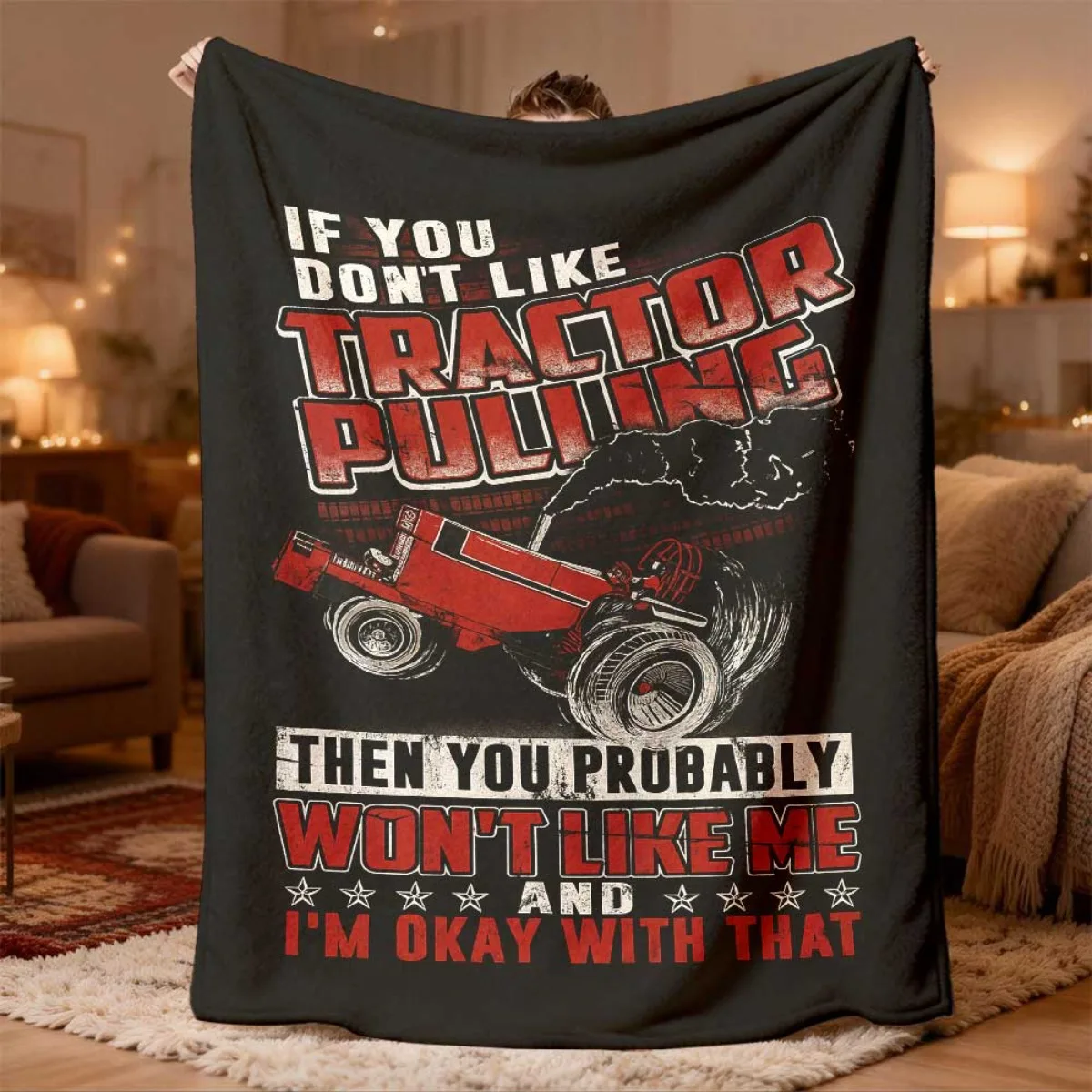 Funny Tractor Pulling Blanket Throw Cozy Gift for Farming Lover Tractor Man Women Plush Decor 150x200cm
