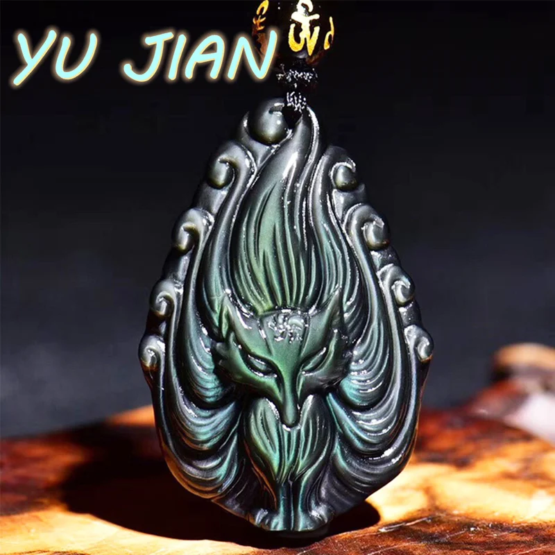 Fine Jewelry Natural Stone Crystal Pendant Nine Tailed Fox Men Women Fashion Necklace Rainbow Colors Accessories