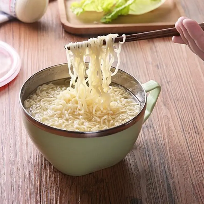 1pc Stainless Steel Bowl With Handle Solid Color Anti Scalding Instant Noodles Mixing Bowl Kitchen Tableware Food Accessory