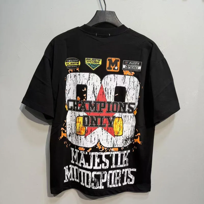 American Trend Brand Vintage Hip‑Hop Men Cropped Majestik T‑Shirt Motorbike Rider Flame Graphic Short Tee