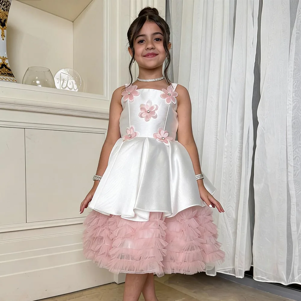 Satin Birthday Dress Cute Flower Girl Dresses A-line Dress For Girls Short Girl Princess Dress Flower Bow Puffy Kids' Dresses