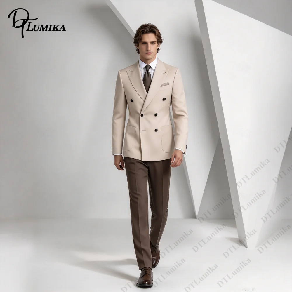 Custom Beige Double Breasted Men Suit, Peak Lapel Blazer & Dark Trousers, Bespoke Business Formal Outfit, Wedding Guest Attire