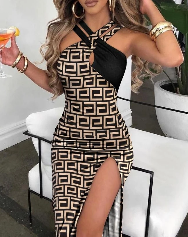 

Women's Summer Geometric Print Halter Midi Dress Asymmetric Cutout and Side Slit High Slit Dress