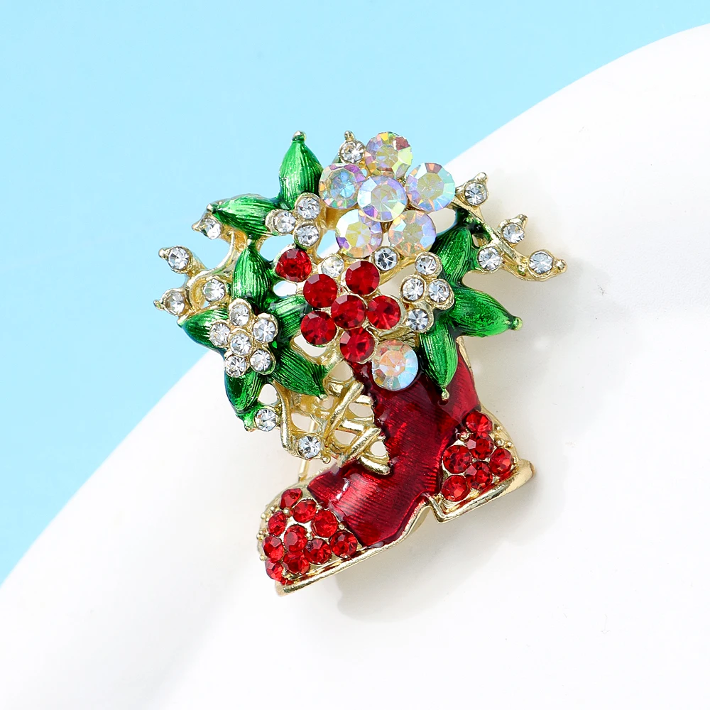 CINDY XIANG Rhinestone Red And Green Color Chritmas Boots Brooch Festivel Jewelry