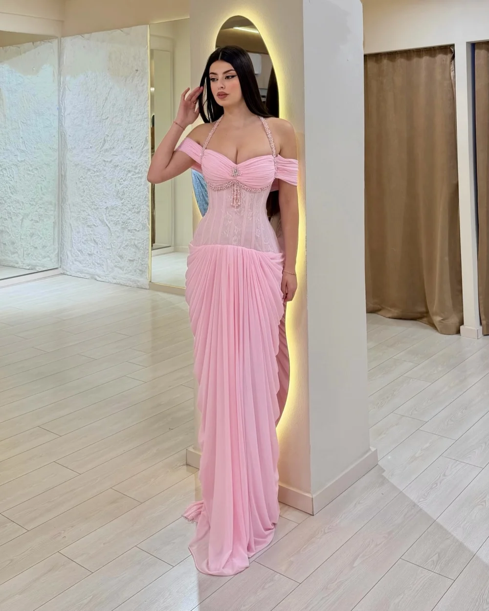 

Customized Fashion Women ChiffonBeading Lace Sheath Evening Dresses Modern Style Off-the-shoulder Sleeveless Long Prom Dresses