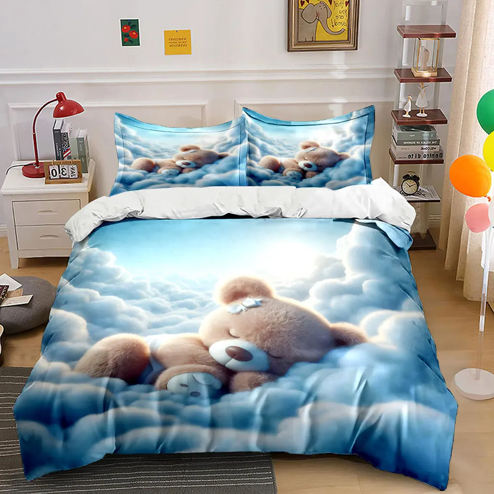 Cute little bear sleeps in soft clouds Print Bedding Set 1Duvet Cover 2Pillowcases for Adult and Children Luxury Gift Full Size