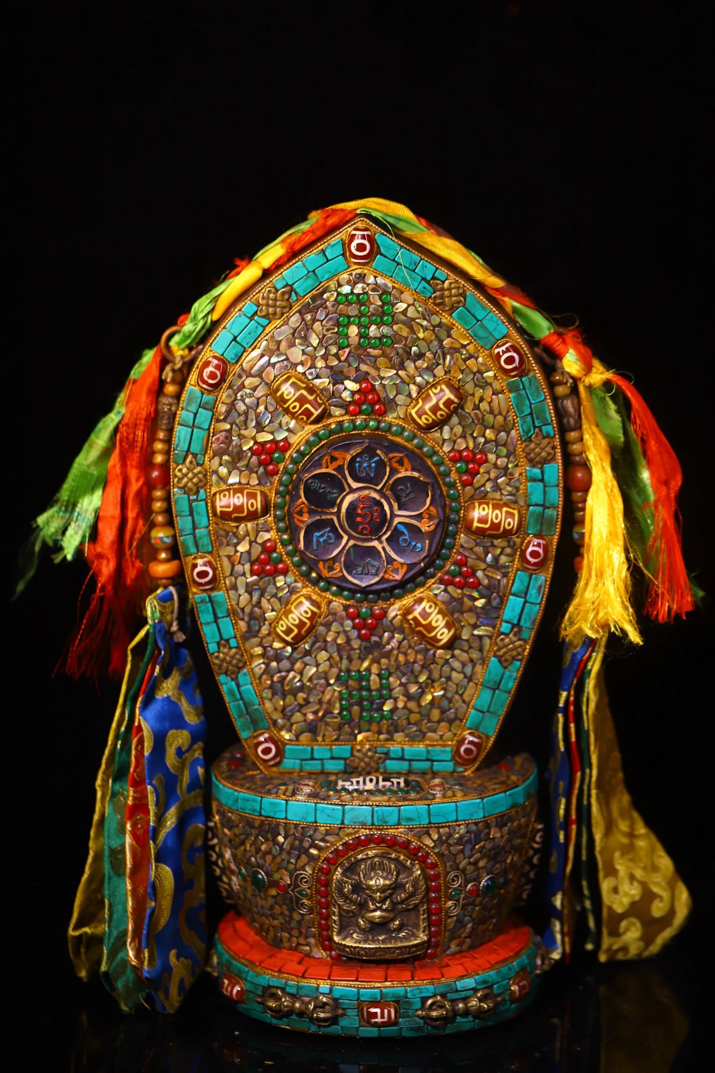 Old Folk Meteorite Painted Mosaic Gem gZi Beads Shell Turquoise Six arms Mahakala Buddha Plaque Buddhist Niche GARUDA Base