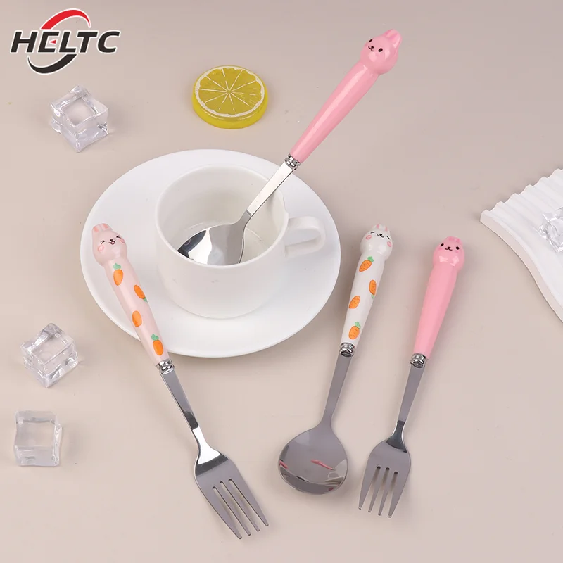 مجموعة أدوات المائدة الكرتون الأرنب الفولاذ المقاوم للصدأ ملعقة شوكة عود الطالب المحمولة أواني الطعام مجموعات أدوات المائدة السفر مع صندوق