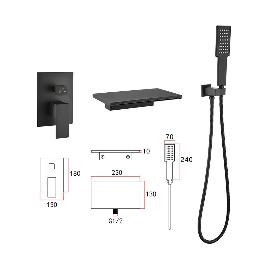 

Black Embedded Wall-Mounted Bathtub Faucet Set, Waterfall Flow, with Handheld Shower Function, Hot and Cold Switch