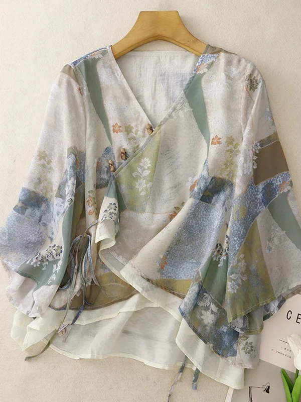 Retro Flax Double Layered irt Top Ethnic Sle V-Ne T-irt Summer New Arrival Women's Loose Fit Printed Tee