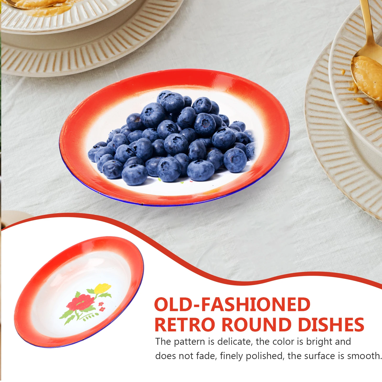 

Enamel Plate Vintage Style Red Flower Design Food Serving Dish Snack Tray for Fruit Dessert Picnic Hotel Restaurant
