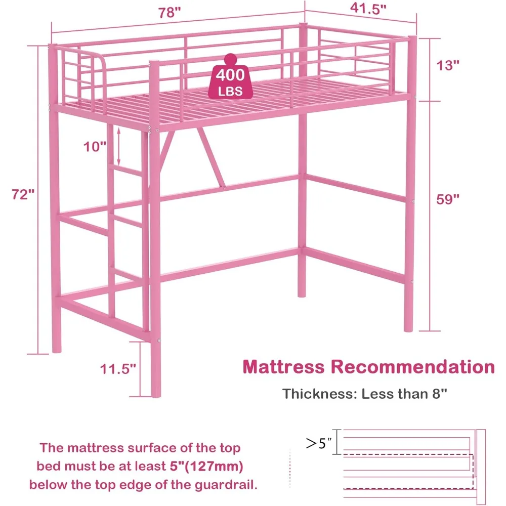 Twin Size Loft Bed Frame with Removable Ladder and Safety Guardrail, Space-Saving, Heavy Duty Metal Loft Bed Frame