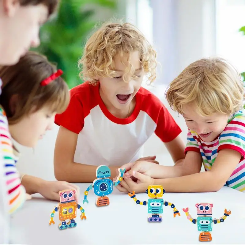 Juguetes De Construcción robóticos de madera para niños, bloques educativos, Kits Stem, 4 piezas, juego creativo, Robot de construcción