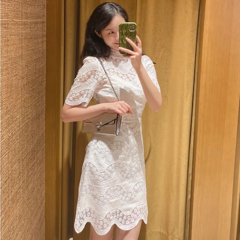 

S Home 2023 Summer New High Waist Lace Dr Stand Collar ort Sve Wave Hook Flower Soluble Lace Trim Bal Dr