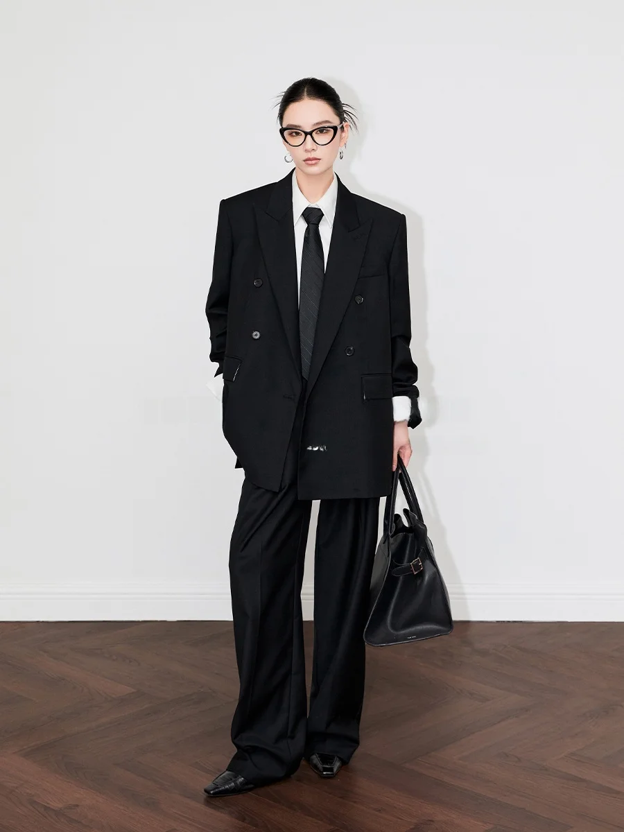 

Элегантный осенний костюм SUK: двубортный пиджак и брюки с высокой талией и широкими штанинами, модный женский комплект из полиэстера