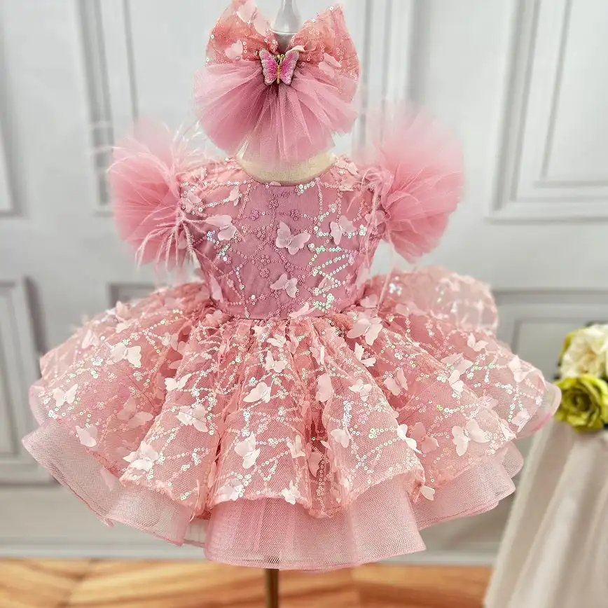 Red butterfly sequins Girl's Birthday Party Dress Bow Sequin Kids Flower First Communion Dress Bridesmaid Wedding Dress