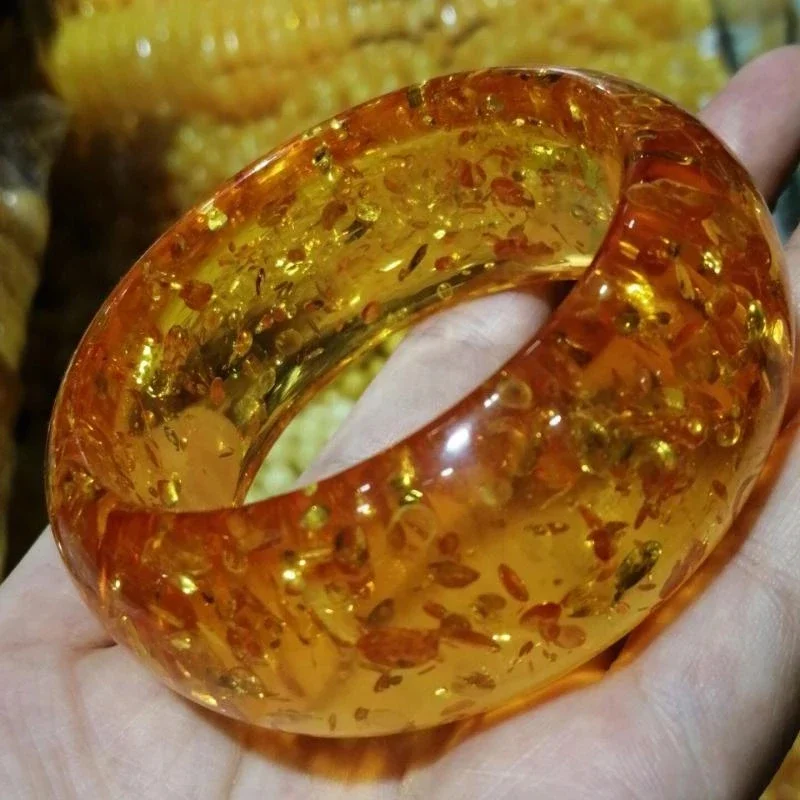 Natural Baltic Golden Flower Amber Wide Bangle Women Gemstone Bracelets Gifts For Mom And Girlfriend Fine Jewelry Accessories