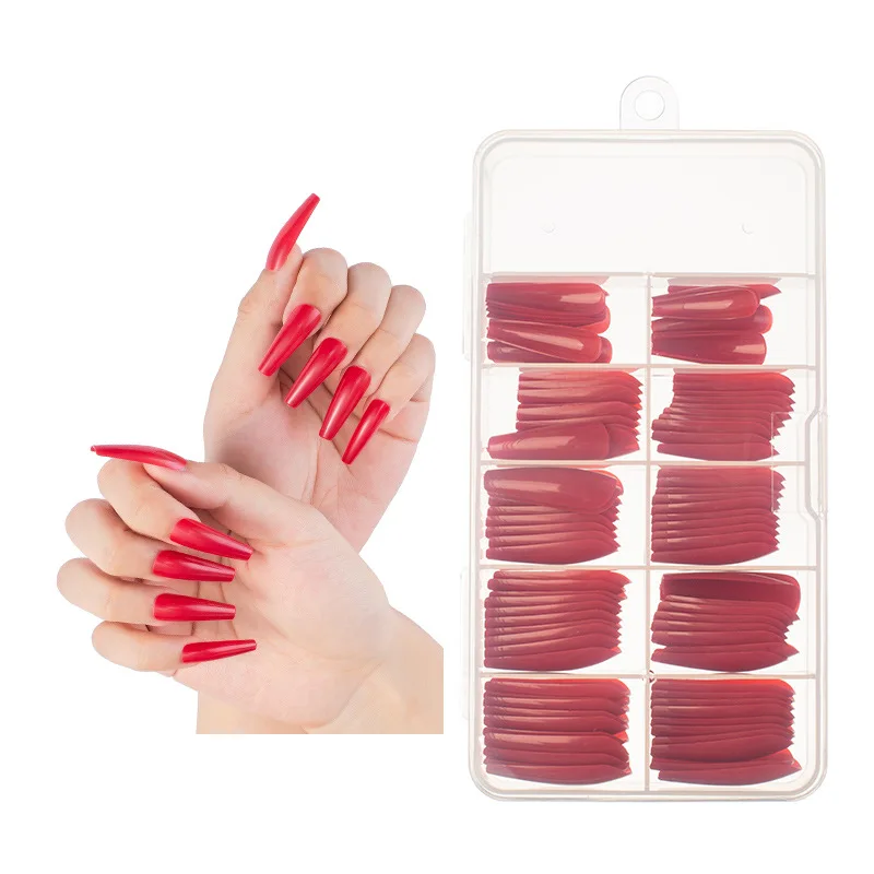 100 Pcs/Box Long Fake Nails 10 Sizes Full Cover False Artificial Nails with Case for Salons and DIY Nail Art