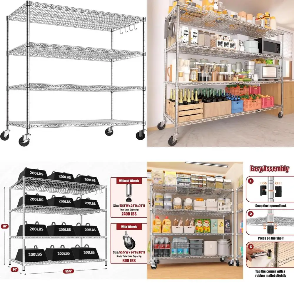 

Heavy-Duty 4-Tier Wire Shelving with Wheels, 55.5W x 24D x 76H, 2400lbs Capacity, NSF Certified, Adjustable Metal Storage Shelve