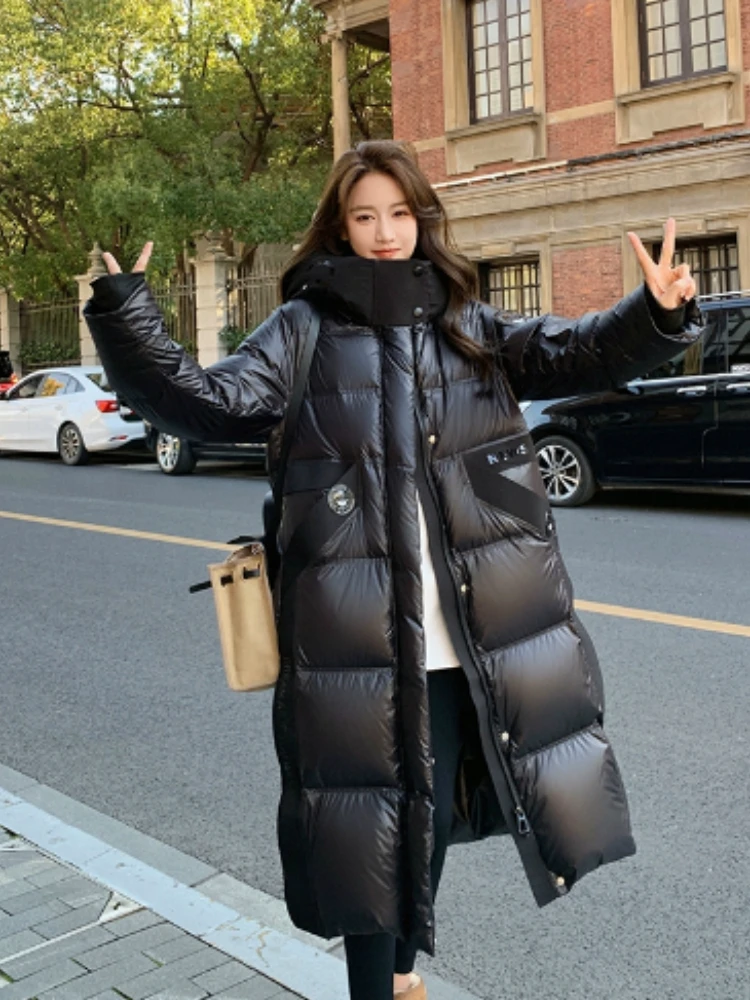 2025 جديد الخريف الشتاء الإناث مقنعين الأبيض بطة أسفل معطف الشتاء لامعة الدافئة سميكة طويلة سترة منفوخة يندبروف أبلى