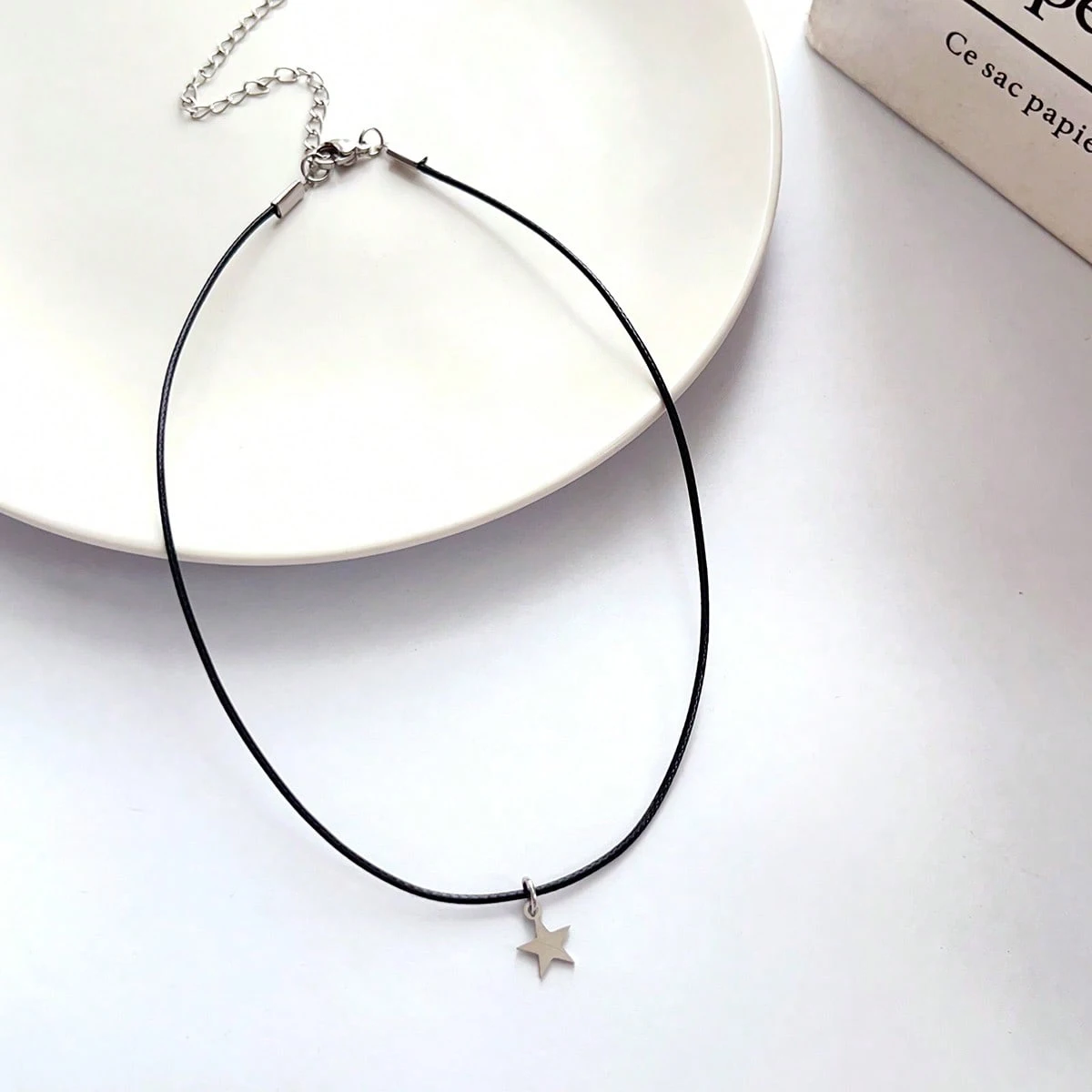 قلادة بسيطة ومتعددة الاستخدامات من حبل الشمع الأسود من الفولاذ المقاوم للصدأ على شكل نجمة، إكسسوار نسائي #6