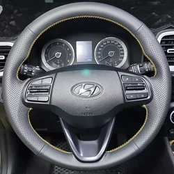 100% Fit For For Hyundai Kona 2017-2020 Auto Parts Hand-stitched black Genuine Leather wear-resisting car steering wheel cover