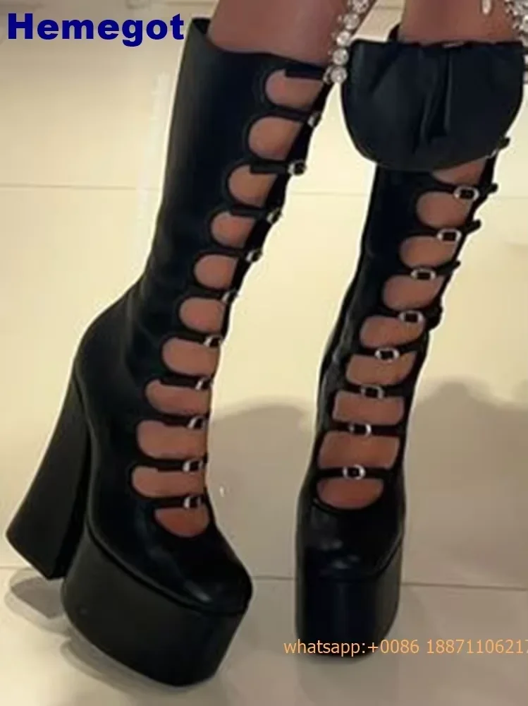 Summer Patent Leather Belt Buckle Sexy Boots 2025 Platform Party Zip Fashion Women Lolita Hollow Street Punk Thick High Heels