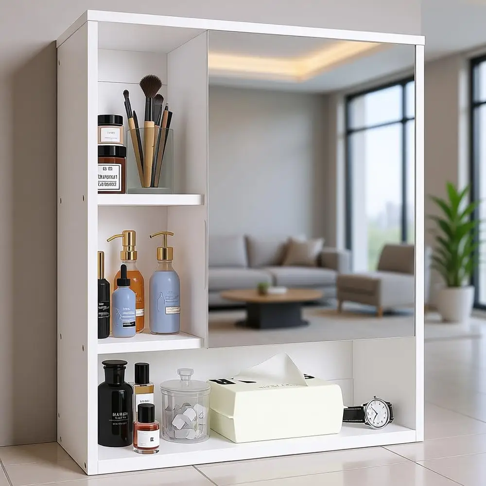 

Настенный бамбуковый шкаф для медикаментов с зеркальной дверцей и регулируемыми полками - белый