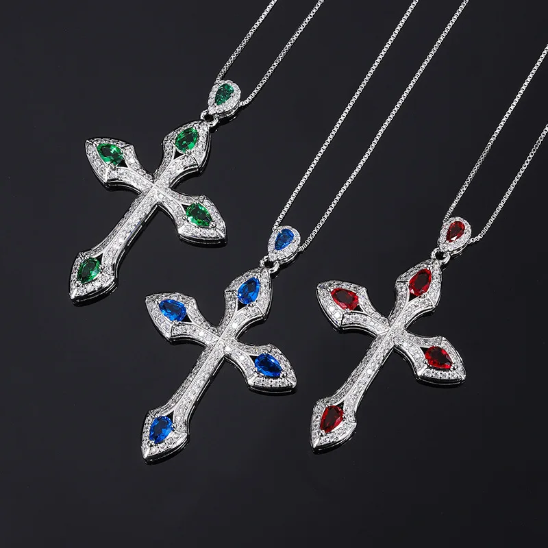 

Vintage Religion Sapphire Crystals Cross Pendant Luxury Necklace Aesthetic Women's Jewelry Friend Gift Fashion Chain Wholesale