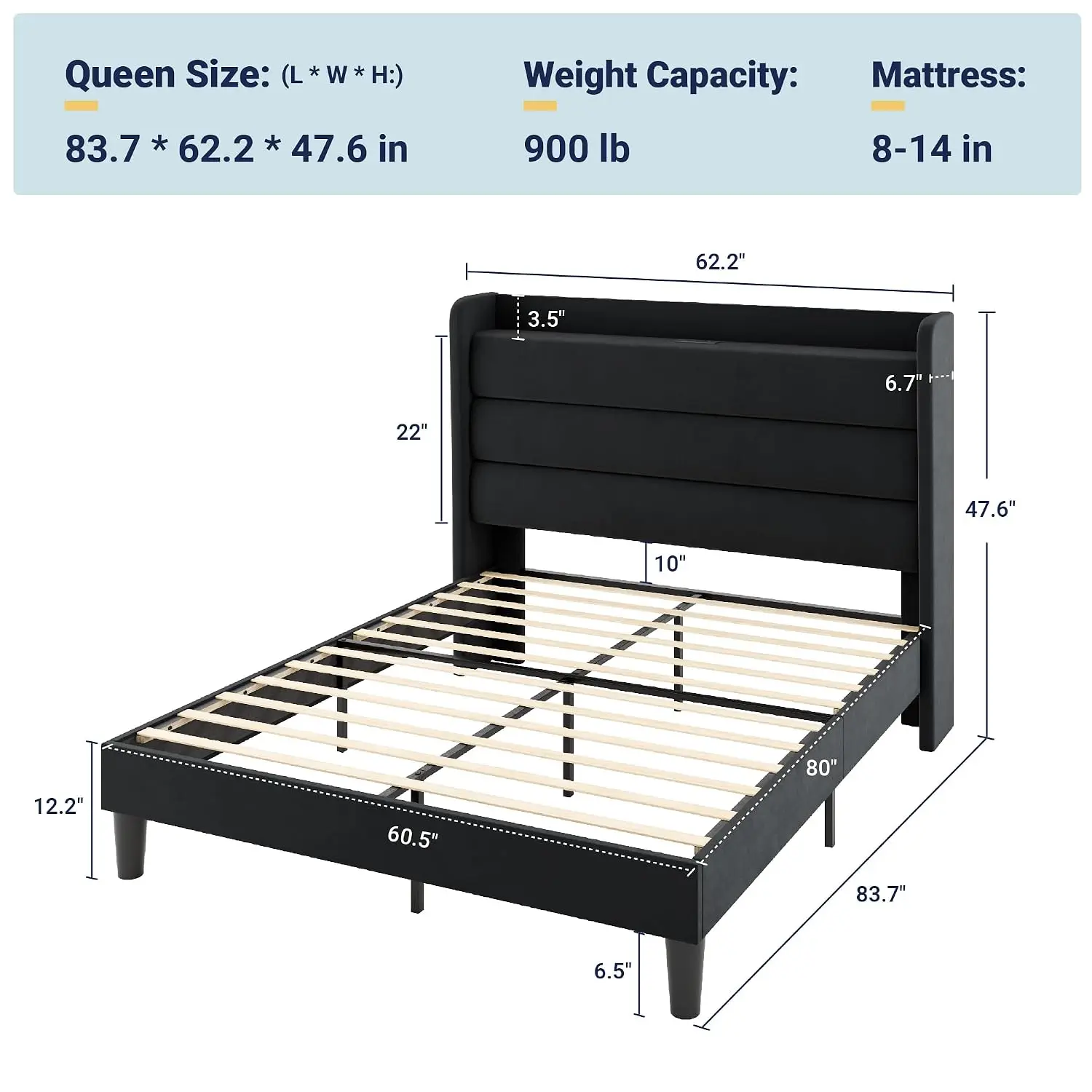 Queen Upholstered Bed Frame USB & Type-C Charging, Storage Headboard, Wingback Velvet, 900 lb, No Box Spring, Customized