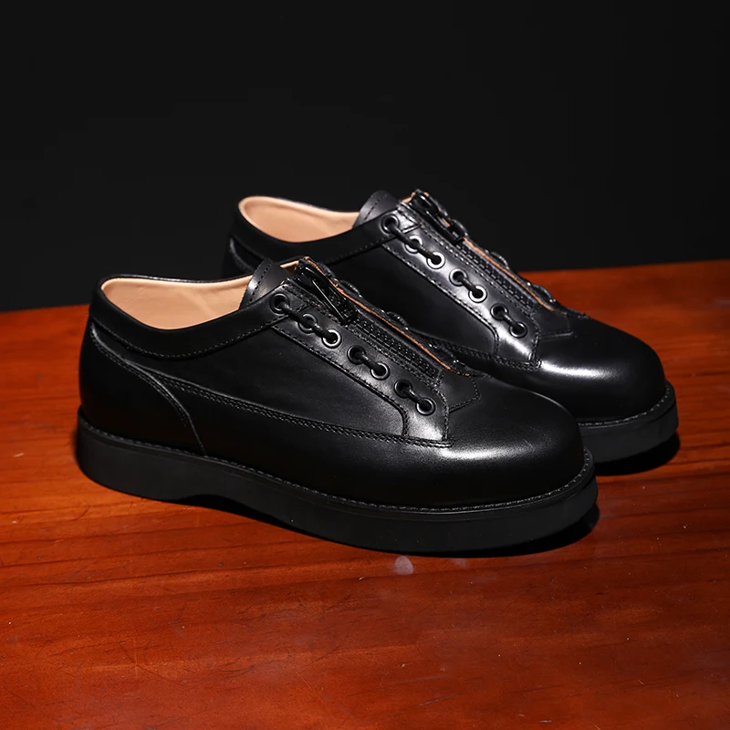 

Handcrafted Leather Casual Shoes Natural Calf Leather Round-toe Men Zipper Sneaker Platform Sport Shoes Man Daddy Shoes Trainers