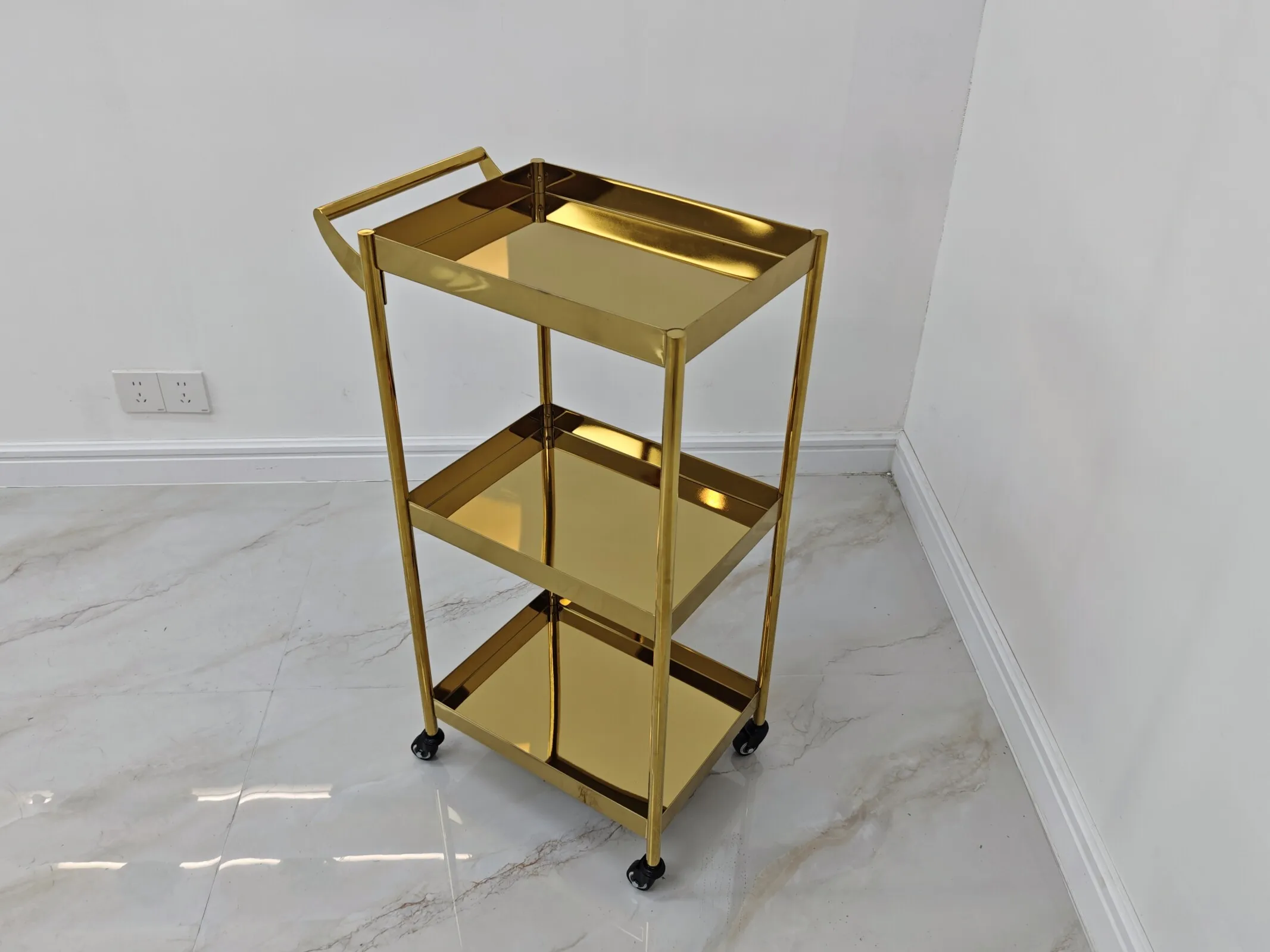 Luxury Gold Salon Trolley, 3-Tier Stainless Steel Rolling Cart with Handle for Beauty Spa Barber Shop