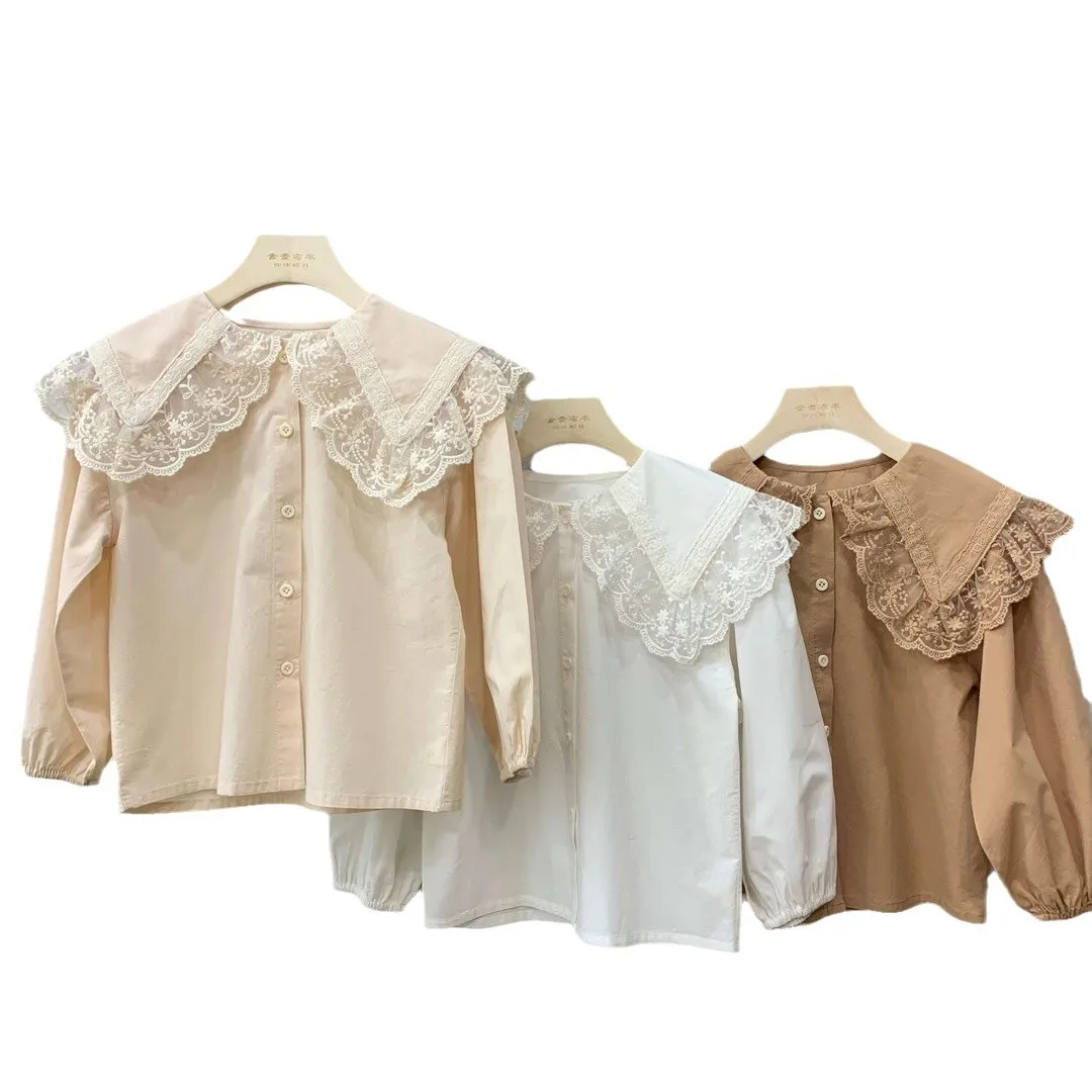 Kids clothes Girls blouse spring 2025 Korean version of foreign style lace collar shirt