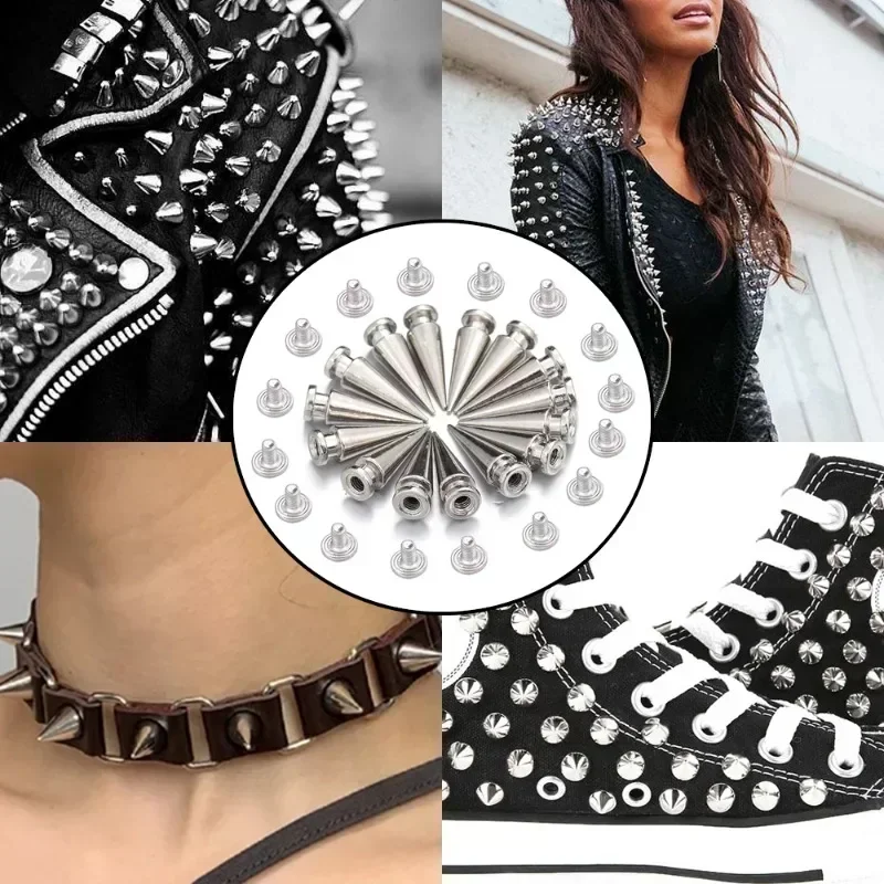 Picos de cone prateado, parafuso de metal, faça você mesmo, artesanato, punk, decoração de vestuário, rebite para roupas, sapatos, bolsas,