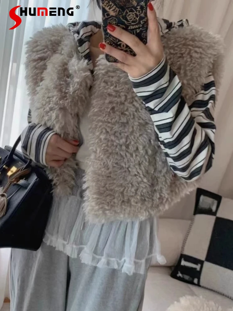 Ladies Imitation Wool Fur Vests Women's 2024 Autumn Winter New Trendy Fur Integrated Plush Tank Tops Sleeveless Solid Color Vest