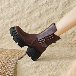 NEW Autumn Women Boots Split Leather Shoes for Women Round Toe Chunky Heel Designer Boots Platform Shoes Belt Buckle Girls Boots