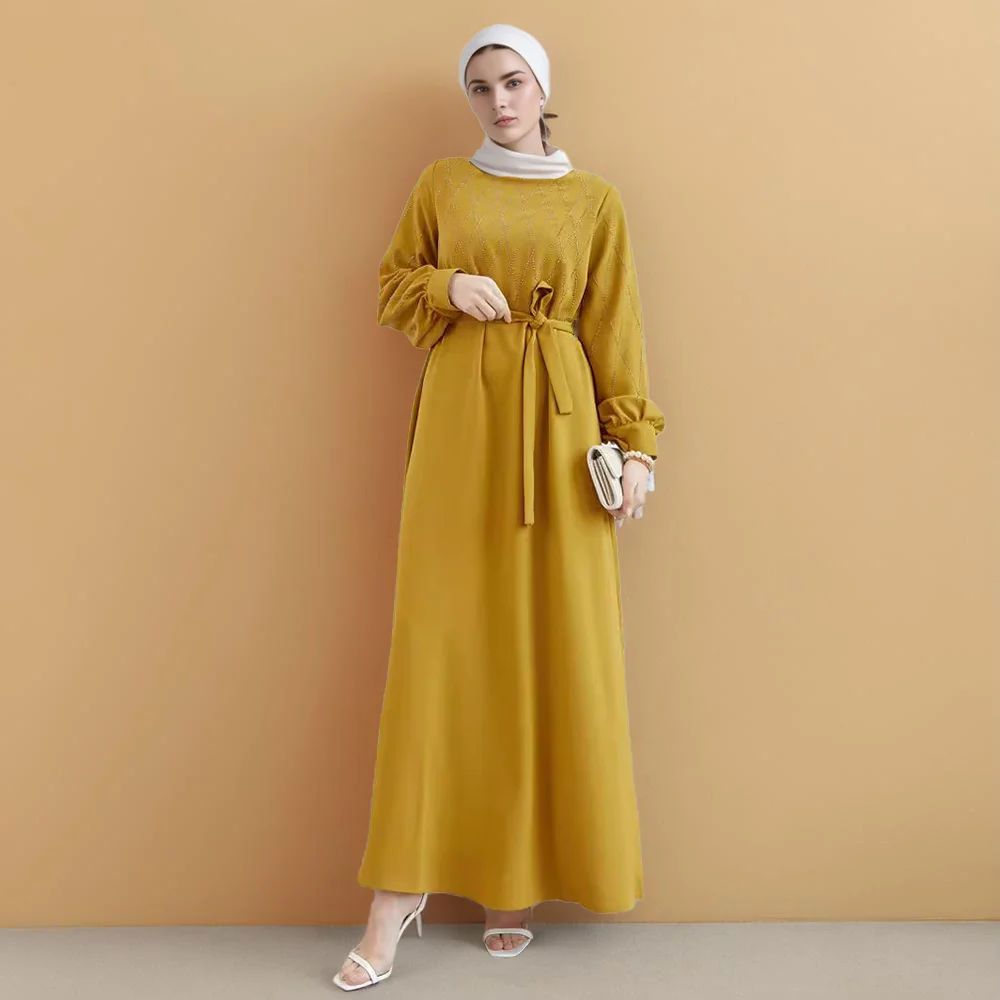 RIMAIRE Pure Color Muslim Abaya with Diamond Decoration Loose Robe for Women Lantern Shape Sleeves Fashion Comfortable Abaya