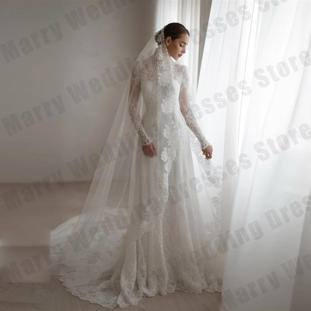 

Elegant Women's Bridal Gowns Muslim High Collar Long Sleeve Lace Princess Ball Wedding Dresses Customized Bride Dress vestidos