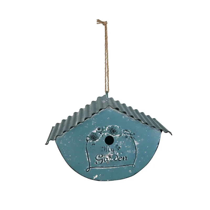 

Rustic Metal Birdhouse with My Garden Embossed Design, Blue Distressed Finish, Hanging Outdoor Bird House with Rope